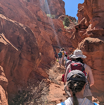 people hiking in canyon